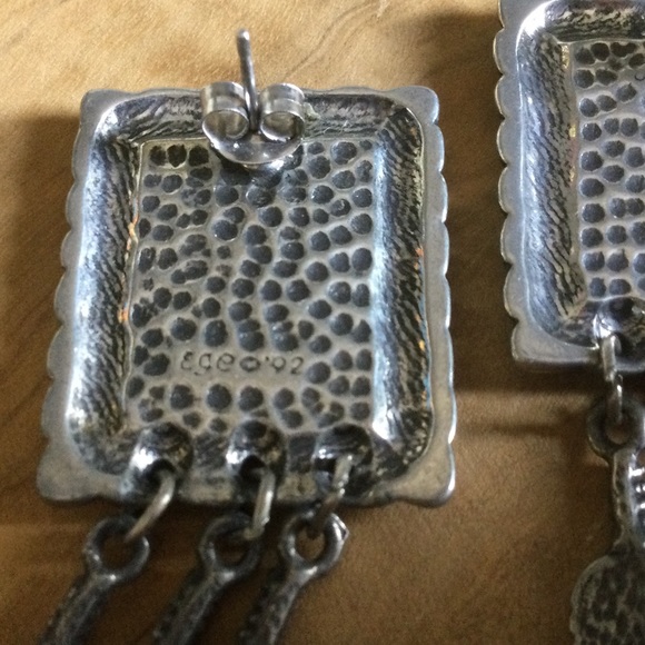 Signed Vintage Turquoise Silver Boho Feather Post Earrings - Picture 4 of 7